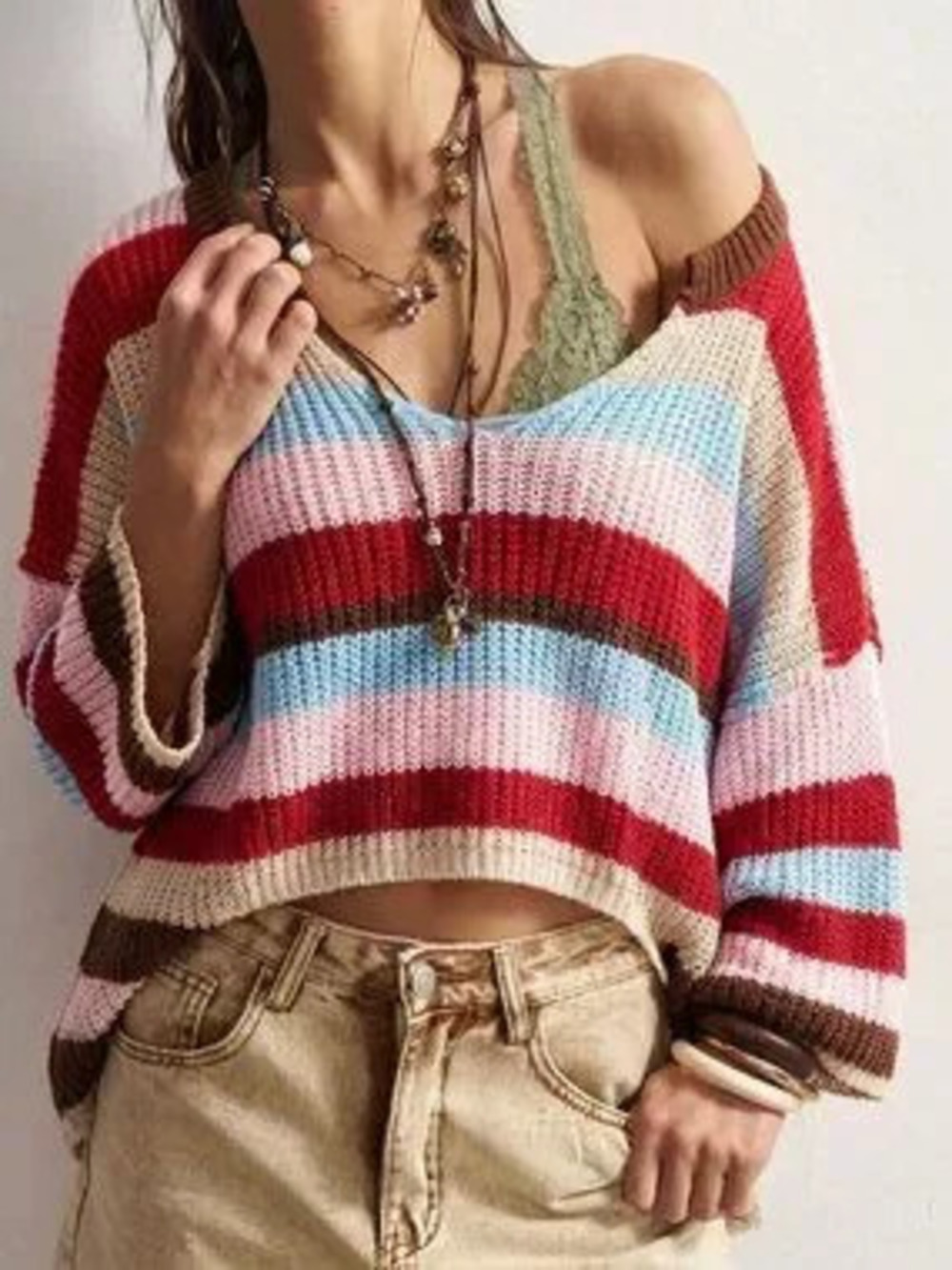 Multicolor Casual Women's Boho Colorblock Striped V-Neck Knit Sweater